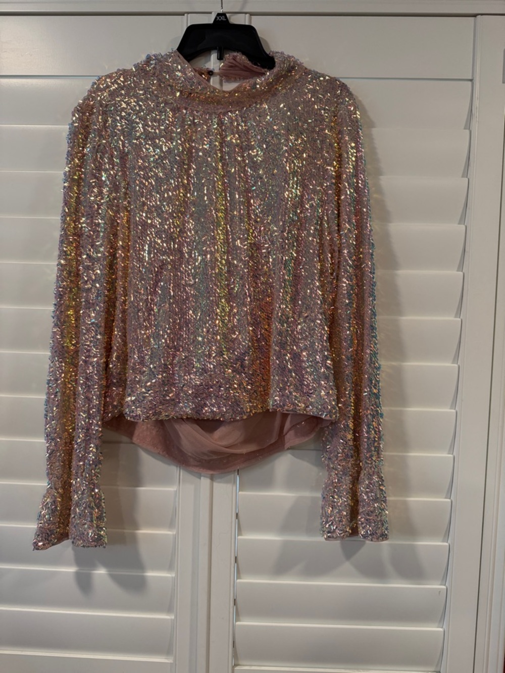 Free People Sparkling Iridescent Sequin Drape Back Top in Blush